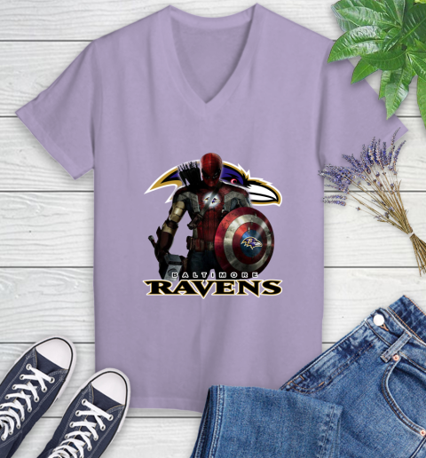 NFL Captain America Thor Spider Man Hawkeye Avengers Endgame Football Baltimore Ravens Women's V-Neck T-Shirt nfl captain america thor spider man hawkeye avengers endgame football baltimore ravens womens v neck t shirt 3013 cvt1l