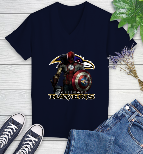 NFL Captain America Thor Spider Man Hawkeye Avengers Endgame Football Baltimore Ravens Women's V-Neck T-Shirt nfl captain america thor spider man hawkeye avengers endgame football baltimore ravens womens v neck t shirt 4023 cvljy