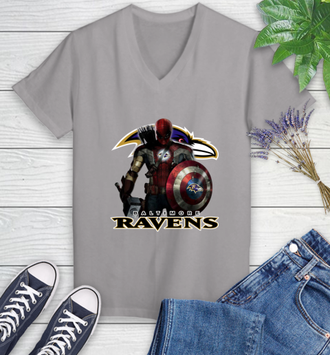 NFL Captain America Thor Spider Man Hawkeye Avengers Endgame Football Baltimore Ravens Women's V-Neck T-Shirt nfl captain america thor spider man hawkeye avengers endgame football baltimore ravens womens v neck t shirt 5070