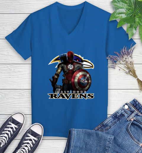 NFL Captain America Thor Spider Man Hawkeye Avengers Endgame Football Baltimore Ravens Women's V-Neck T-Shirt nfl captain america thor spider man hawkeye avengers endgame football baltimore ravens womens v neck t shirt 5465 edsto