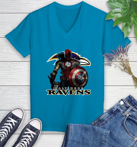 NFL Captain America Thor Spider Man Hawkeye Avengers Endgame Football Baltimore Ravens Women's V-Neck T-Shirt nfl captain america thor spider man hawkeye avengers endgame football baltimore ravens womens v neck t shirt 6685 ylokh