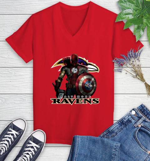 NFL Captain America Thor Spider Man Hawkeye Avengers Endgame Football Baltimore Ravens Women's V-Neck T-Shirt nfl captain america thor spider man hawkeye avengers endgame football baltimore ravens womens v neck t shirt 7226 p5hzs