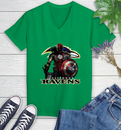 NFL Captain America Thor Spider Man Hawkeye Avengers Endgame Football Baltimore Ravens Women's V-Neck T-Shirt nfl captain america thor spider man hawkeye avengers endgame football baltimore ravens womens v neck t shirt 8327 uf04s