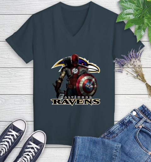 NFL Captain America Thor Spider Man Hawkeye Avengers Endgame Football Baltimore Ravens Women's V-Neck T-Shirt nfl captain america thor spider man hawkeye avengers endgame football baltimore ravens womens v neck t shirt 8607 qpjkc
