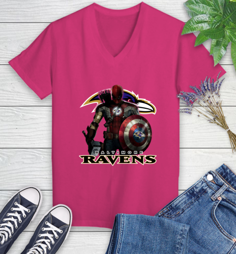 NFL Captain America Thor Spider Man Hawkeye Avengers Endgame Football Baltimore Ravens Women's V-Neck T-Shirt nfl captain america thor spider man hawkeye avengers endgame football baltimore ravens womens v neck t shirt 8838 fdehk