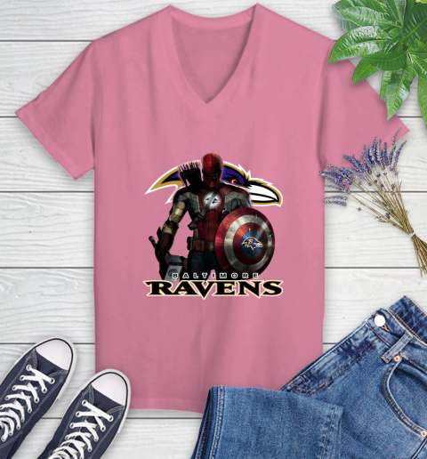 NFL Captain America Thor Spider Man Hawkeye Avengers Endgame Football Baltimore Ravens Women's V-Neck T-Shirt nfl captain america thor spider man hawkeye avengers endgame football baltimore ravens womens v neck t shirt 9505 wgyis