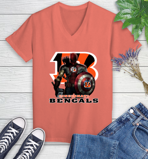 NFL Captain America Thor Spider Man Hawkeye Avengers Endgame Football Cincinnati Bengals Women's V-Neck T-Shirt nfl captain america thor spider man hawkeye avengers endgame football cincinnati bengals womens v neck t shirt 2509