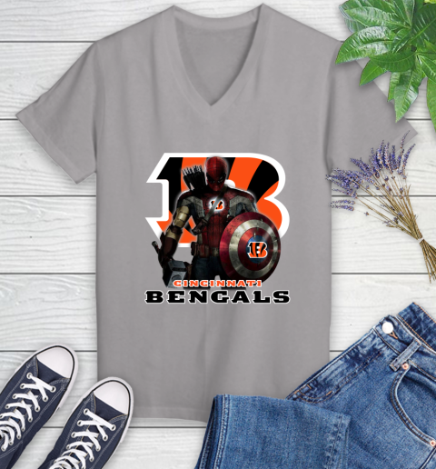 NFL Captain America Thor Spider Man Hawkeye Avengers Endgame Football Cincinnati Bengals Women's V-Neck T-Shirt nfl captain america thor spider man hawkeye avengers endgame football cincinnati bengals womens v neck t shirt 2845 4w80i