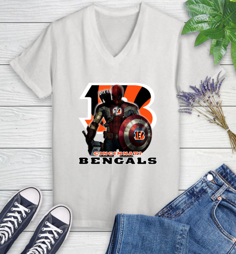 NFL Captain America Thor Spider Man Hawkeye Avengers Endgame Football Cincinnati Bengals Women's V-Neck T-Shirt nfl captain america thor spider man hawkeye avengers endgame football cincinnati bengals womens v neck t shirt 2902 zt7to