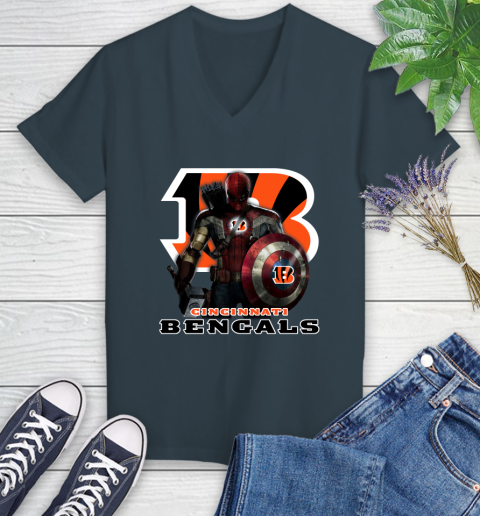 NFL Captain America Thor Spider Man Hawkeye Avengers Endgame Football Cincinnati Bengals Women's V-Neck T-Shirt nfl captain america thor spider man hawkeye avengers endgame football cincinnati bengals womens v neck t shirt 3390 b27ke
