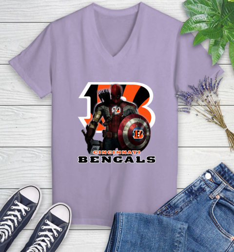 NFL Captain America Thor Spider Man Hawkeye Avengers Endgame Football Cincinnati Bengals Women's V-Neck T-Shirt nfl captain america thor spider man hawkeye avengers endgame football cincinnati bengals womens v neck t shirt 4473 ldgbj