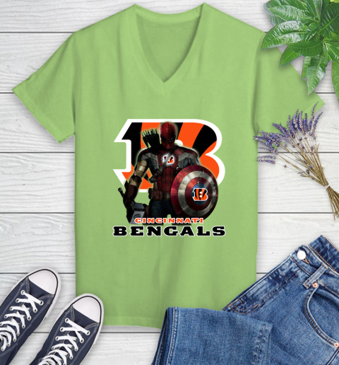 NFL Captain America Thor Spider Man Hawkeye Avengers Endgame Football Cincinnati Bengals Women's V-Neck T-Shirt nfl captain america thor spider man hawkeye avengers endgame football cincinnati bengals womens v neck t shirt 4965