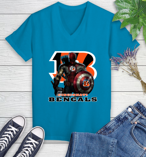 NFL Captain America Thor Spider Man Hawkeye Avengers Endgame Football Cincinnati Bengals Women's V-Neck T-Shirt nfl captain america thor spider man hawkeye avengers endgame football cincinnati bengals womens v neck t shirt 5166 ruyjy