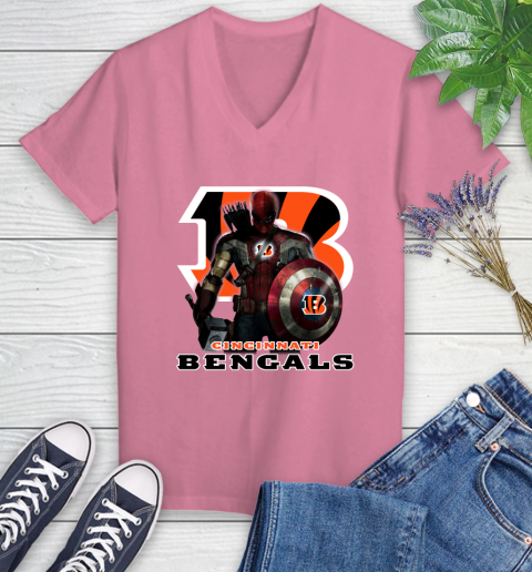 NFL Captain America Thor Spider Man Hawkeye Avengers Endgame Football Cincinnati Bengals Women's V-Neck T-Shirt nfl captain america thor spider man hawkeye avengers endgame football cincinnati bengals womens v neck t shirt 6268 u4ww5