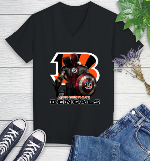 NFL Captain America Thor Spider Man Hawkeye Avengers Endgame Football Cincinnati Bengals Women's V-Neck T-Shirt nfl captain america thor spider man hawkeye avengers endgame football cincinnati bengals womens v neck t shirt 6802