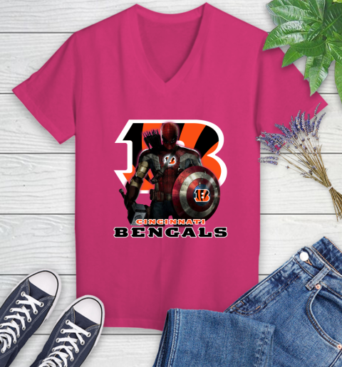 NFL Captain America Thor Spider Man Hawkeye Avengers Endgame Football Cincinnati Bengals Women's V-Neck T-Shirt nfl captain america thor spider man hawkeye avengers endgame football cincinnati bengals womens v neck t shirt 6866