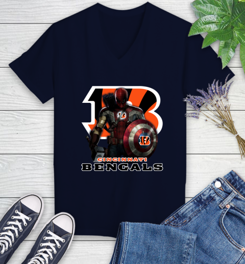 NFL Captain America Thor Spider Man Hawkeye Avengers Endgame Football Cincinnati Bengals Women's V-Neck T-Shirt nfl captain america thor spider man hawkeye avengers endgame football cincinnati bengals womens v neck t shirt 7247 7cnuu