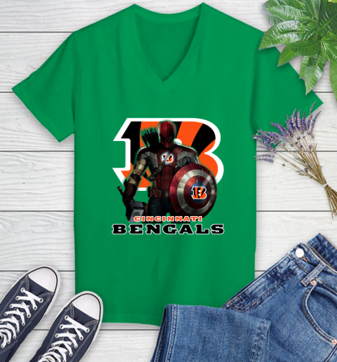 NFL Captain America Thor Spider Man Hawkeye Avengers Endgame Football Cincinnati Bengals Women's V-Neck T-Shirt nfl captain america thor spider man hawkeye avengers endgame football cincinnati bengals womens v neck t shirt 7393 hf3ul