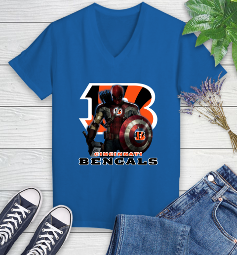 NFL Captain America Thor Spider Man Hawkeye Avengers Endgame Football Cincinnati Bengals Women's V-Neck T-Shirt nfl captain america thor spider man hawkeye avengers endgame football cincinnati bengals womens v neck t shirt 7864 nsrju