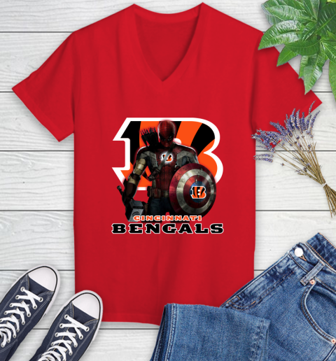 NFL Captain America Thor Spider Man Hawkeye Avengers Endgame Football Cincinnati Bengals Women's V-Neck T-Shirt nfl captain america thor spider man hawkeye avengers endgame football cincinnati bengals womens v neck t shirt 9528 ztplr