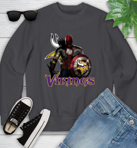 NFL Captain America Thor Spider Man Hawkeye Avengers Endgame Football Minnesota Vikings Youth Sweatshirt nfl captain america thor spider man hawkeye avengers endgame football minnesota vikings youth sweatshirt 4016
