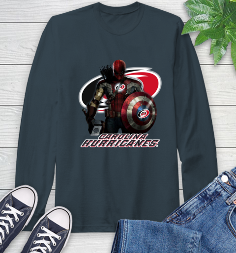 NHL Captain America Thor Spider Man Hawkeye Avengers Endgame Hockey Carolina Hurricanes Long Sleeve T-Shirt nhl captain america thor spider man hawkeye avengers endgame hockey carolina hurricanes long sleeve t shirt 1192 f6nfh