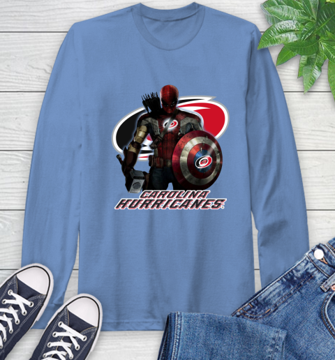 NHL Captain America Thor Spider Man Hawkeye Avengers Endgame Hockey Carolina Hurricanes Long Sleeve T-Shirt nhl captain america thor spider man hawkeye avengers endgame hockey carolina hurricanes long sleeve t shirt 2615 jo0ka