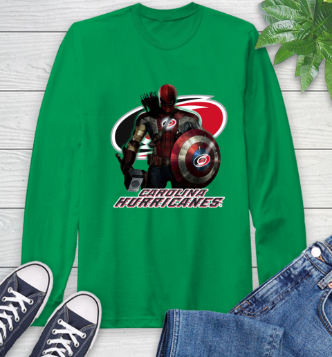NHL Captain America Thor Spider Man Hawkeye Avengers Endgame Hockey Carolina Hurricanes Long Sleeve T-Shirt nhl captain america thor spider man hawkeye avengers endgame hockey carolina hurricanes long sleeve t shirt 3013 reyvr