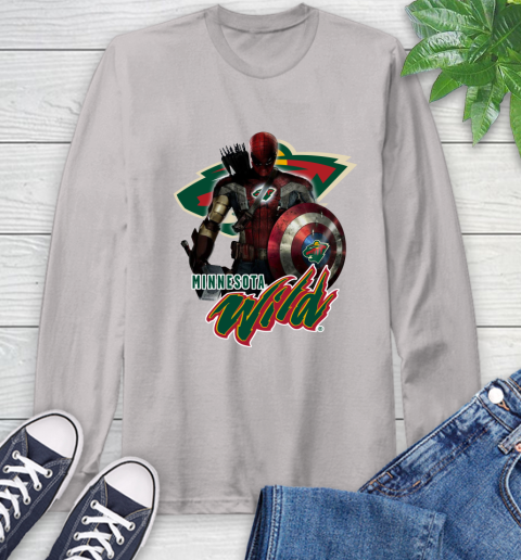 NHL Captain America Thor Spider Man Hawkeye Avengers Endgame Hockey Minnesota Wild Long Sleeve T-Shirt nhl captain america thor spider man hawkeye avengers endgame hockey minnesota wild long sleeve t shirt 6739 ttulw