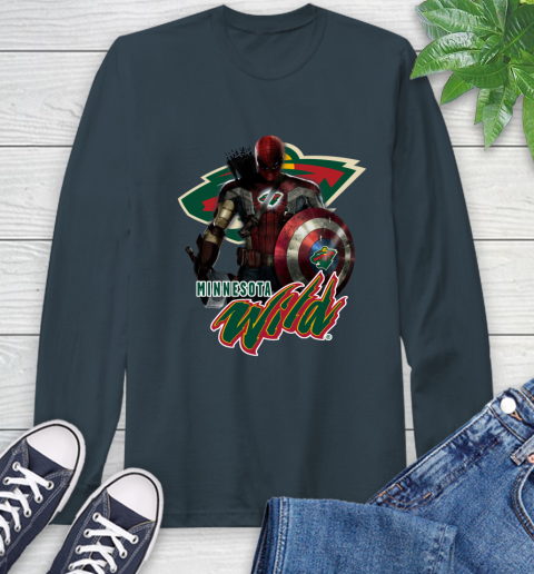 NHL Captain America Thor Spider Man Hawkeye Avengers Endgame Hockey Minnesota Wild Long Sleeve T-Shirt nhl captain america thor spider man hawkeye avengers endgame hockey minnesota wild long sleeve t shirt 6804