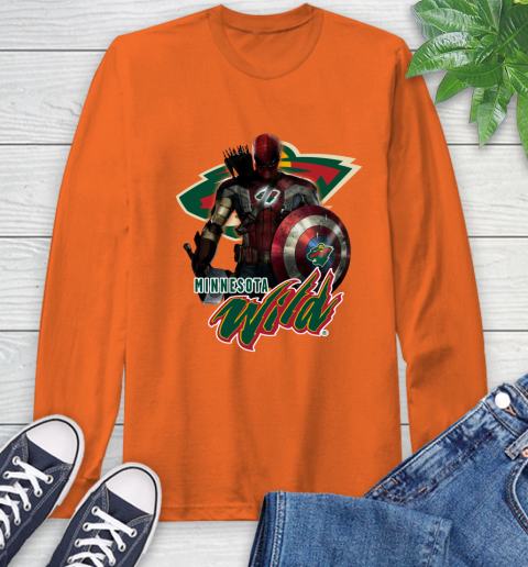 NHL Captain America Thor Spider Man Hawkeye Avengers Endgame Hockey Minnesota Wild Long Sleeve T-Shirt nhl captain america thor spider man hawkeye avengers endgame hockey minnesota wild long sleeve t shirt 8282 mjai5