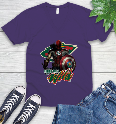 NHL Captain America Thor Spider Man Hawkeye Avengers Endgame Hockey Minnesota Wild V-Neck T-Shirt nhl captain america thor spider man hawkeye avengers endgame hockey minnesota wild v neck t shirt 2582 tze0a
