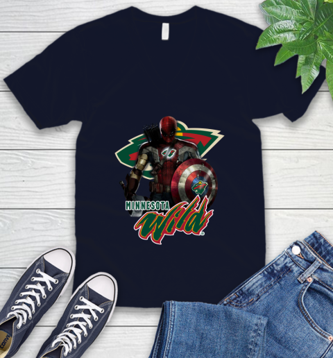 NHL Captain America Thor Spider Man Hawkeye Avengers Endgame Hockey Minnesota Wild V-Neck T-Shirt nhl captain america thor spider man hawkeye avengers endgame hockey minnesota wild v neck t shirt 4076 qoh4d