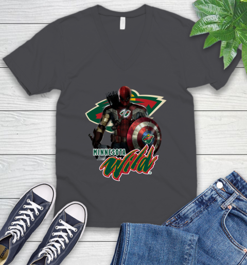 NHL Captain America Thor Spider Man Hawkeye Avengers Endgame Hockey Minnesota Wild V-Neck T-Shirt nhl captain america thor spider man hawkeye avengers endgame hockey minnesota wild v neck t shirt 4130 6vlhh