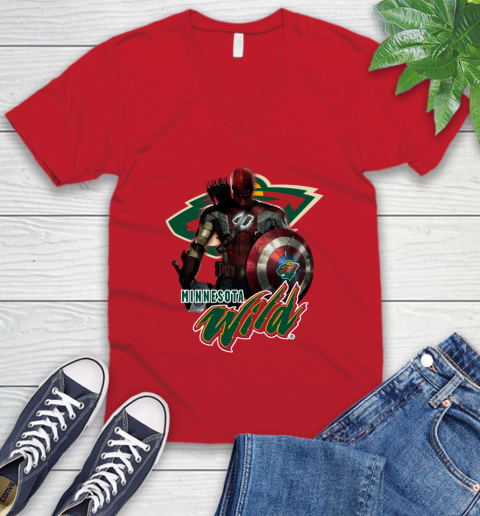 NHL Captain America Thor Spider Man Hawkeye Avengers Endgame Hockey Minnesota Wild V-Neck T-Shirt nhl captain america thor spider man hawkeye avengers endgame hockey minnesota wild v neck t shirt 9308