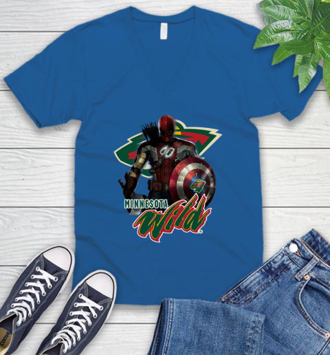 NHL Captain America Thor Spider Man Hawkeye Avengers Endgame Hockey Minnesota Wild V-Neck T-Shirt nhl captain america thor spider man hawkeye avengers endgame hockey minnesota wild v neck t shirt 9320 ldpag
