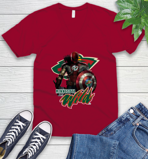 NHL Captain America Thor Spider Man Hawkeye Avengers Endgame Hockey Minnesota Wild V-Neck T-Shirt nhl captain america thor spider man hawkeye avengers endgame hockey minnesota wild v neck t shirt 9697 wtbkr