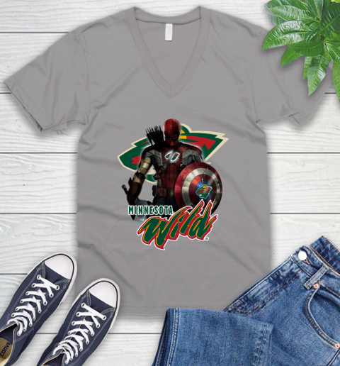 NHL Captain America Thor Spider Man Hawkeye Avengers Endgame Hockey Minnesota Wild V-Neck T-Shirt nhl captain america thor spider man hawkeye avengers endgame hockey minnesota wild v neck t shirt 9909