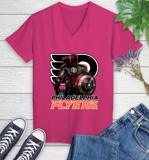 NHL Captain America Thor Spider Man Hawkeye Avengers Endgame Hockey Philadelphia Flyers Women's V-Neck T-Shirt nhl captain america thor spider man hawkeye avengers endgame hockey philadelphia flyers womens v neck t shirt 1123 inra2