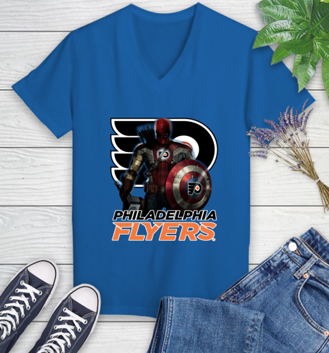 NHL Captain America Thor Spider Man Hawkeye Avengers Endgame Hockey Philadelphia Flyers Women's V-Neck T-Shirt nhl captain america thor spider man hawkeye avengers endgame hockey philadelphia flyers womens v neck t shirt 2387 ydeoc