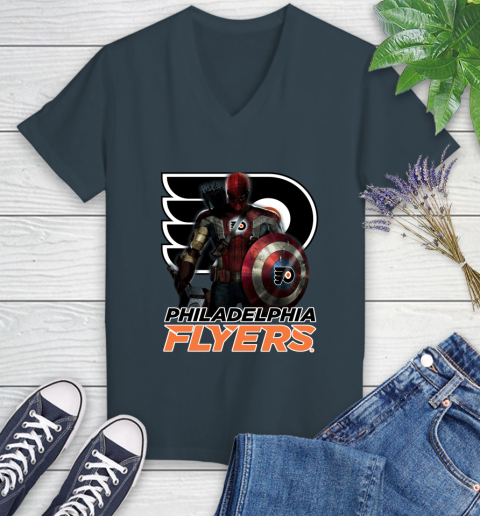 NHL Captain America Thor Spider Man Hawkeye Avengers Endgame Hockey Philadelphia Flyers Women's V-Neck T-Shirt nhl captain america thor spider man hawkeye avengers endgame hockey philadelphia flyers womens v neck t shirt 3092 egnj1