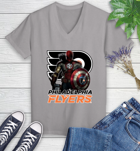 NHL Captain America Thor Spider Man Hawkeye Avengers Endgame Hockey Philadelphia Flyers Women's V-Neck T-Shirt nhl captain america thor spider man hawkeye avengers endgame hockey philadelphia flyers womens v neck t shirt 3777 jbqbk