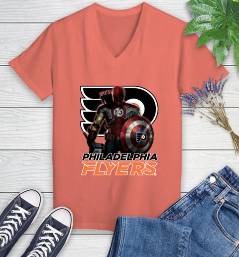 NHL Captain America Thor Spider Man Hawkeye Avengers Endgame Hockey Philadelphia Flyers Women's V-Neck T-Shirt nhl captain america thor spider man hawkeye avengers endgame hockey philadelphia flyers womens v neck t shirt 4328 q5igj