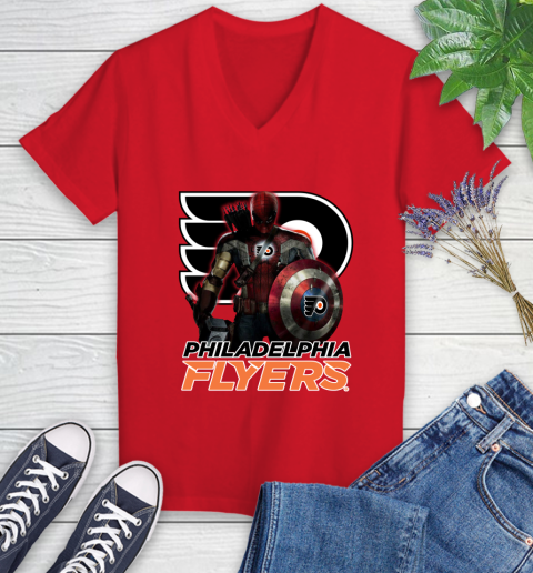 NHL Captain America Thor Spider Man Hawkeye Avengers Endgame Hockey Philadelphia Flyers Women's V-Neck T-Shirt nhl captain america thor spider man hawkeye avengers endgame hockey philadelphia flyers womens v neck t shirt 4528 za3fv