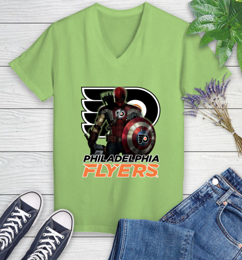 NHL Captain America Thor Spider Man Hawkeye Avengers Endgame Hockey Philadelphia Flyers Women's V-Neck T-Shirt nhl captain america thor spider man hawkeye avengers endgame hockey philadelphia flyers womens v neck t shirt 5357