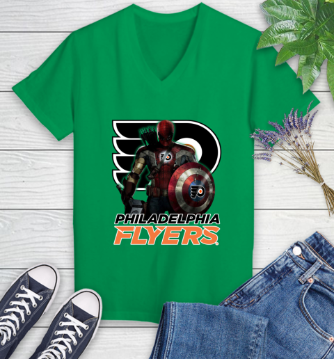 NHL Captain America Thor Spider Man Hawkeye Avengers Endgame Hockey Philadelphia Flyers Women's V-Neck T-Shirt nhl captain america thor spider man hawkeye avengers endgame hockey philadelphia flyers womens v neck t shirt 5451 iad3j