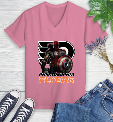NHL Captain America Thor Spider Man Hawkeye Avengers Endgame Hockey Philadelphia Flyers Women's V-Neck T-Shirt nhl captain america thor spider man hawkeye avengers endgame hockey philadelphia flyers womens v neck t shirt 6478 niwyy