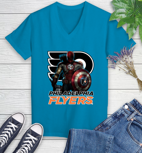 NHL Captain America Thor Spider Man Hawkeye Avengers Endgame Hockey Philadelphia Flyers Women's V-Neck T-Shirt nhl captain america thor spider man hawkeye avengers endgame hockey philadelphia flyers womens v neck t shirt 8206 gdvee