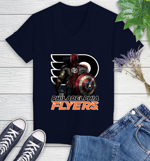 NHL Captain America Thor Spider Man Hawkeye Avengers Endgame Hockey Philadelphia Flyers Women's V-Neck T-Shirt nhl captain america thor spider man hawkeye avengers endgame hockey philadelphia flyers womens v neck t shirt 9197 g80wf