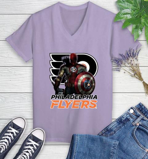 NHL Captain America Thor Spider Man Hawkeye Avengers Endgame Hockey Philadelphia Flyers Women's V-Neck T-Shirt nhl captain america thor spider man hawkeye avengers endgame hockey philadelphia flyers womens v neck t shirt 9598 bcyh8